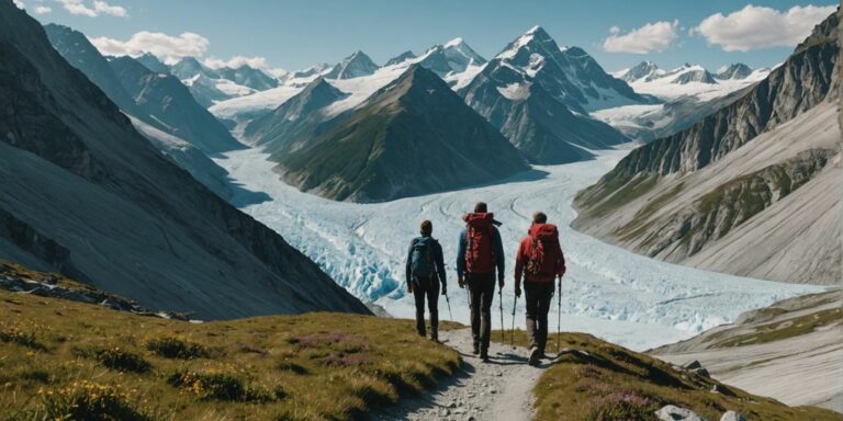 Hikers on a trail with Aletsch Glacier in background.