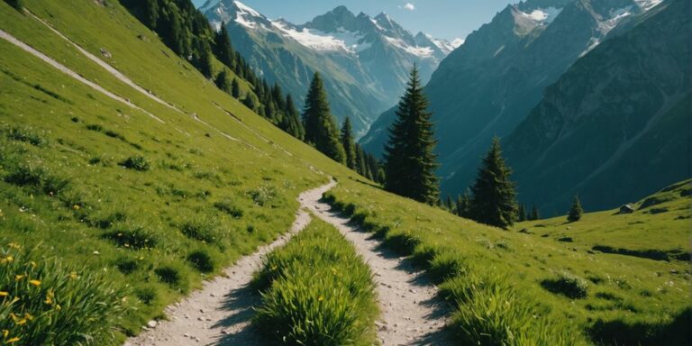 Hiking trail in Kanton Wallis surrounded by mountains and trees.